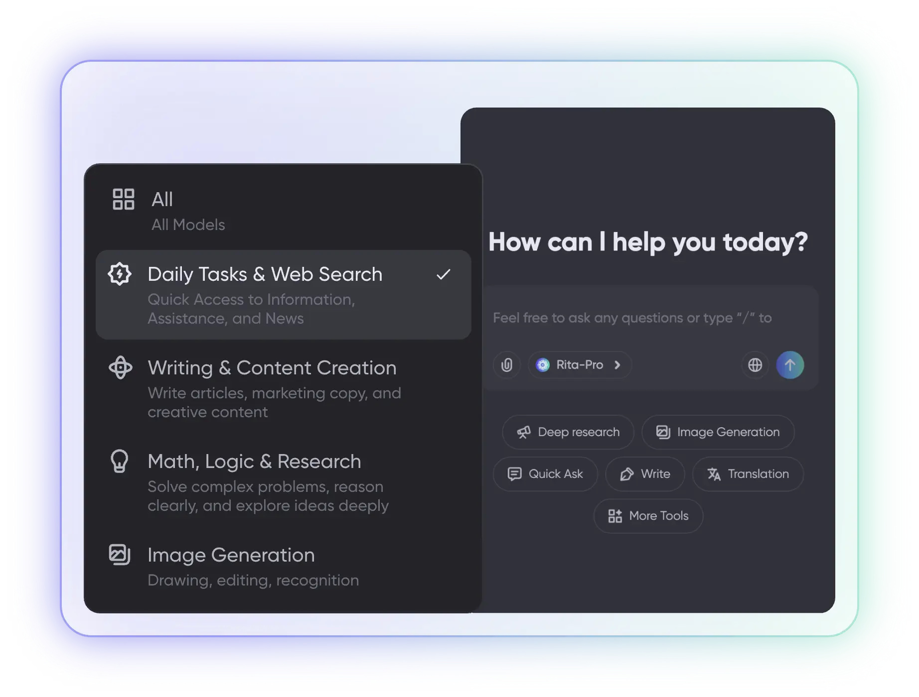 Interfaz de chat de IA con opciones de tareas y herramientas